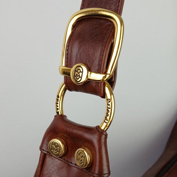 Marino Orlandi Italy VTG Large Smooth Brown Leather Shoulder Bag Brass Hardware - Picture 5 of 11